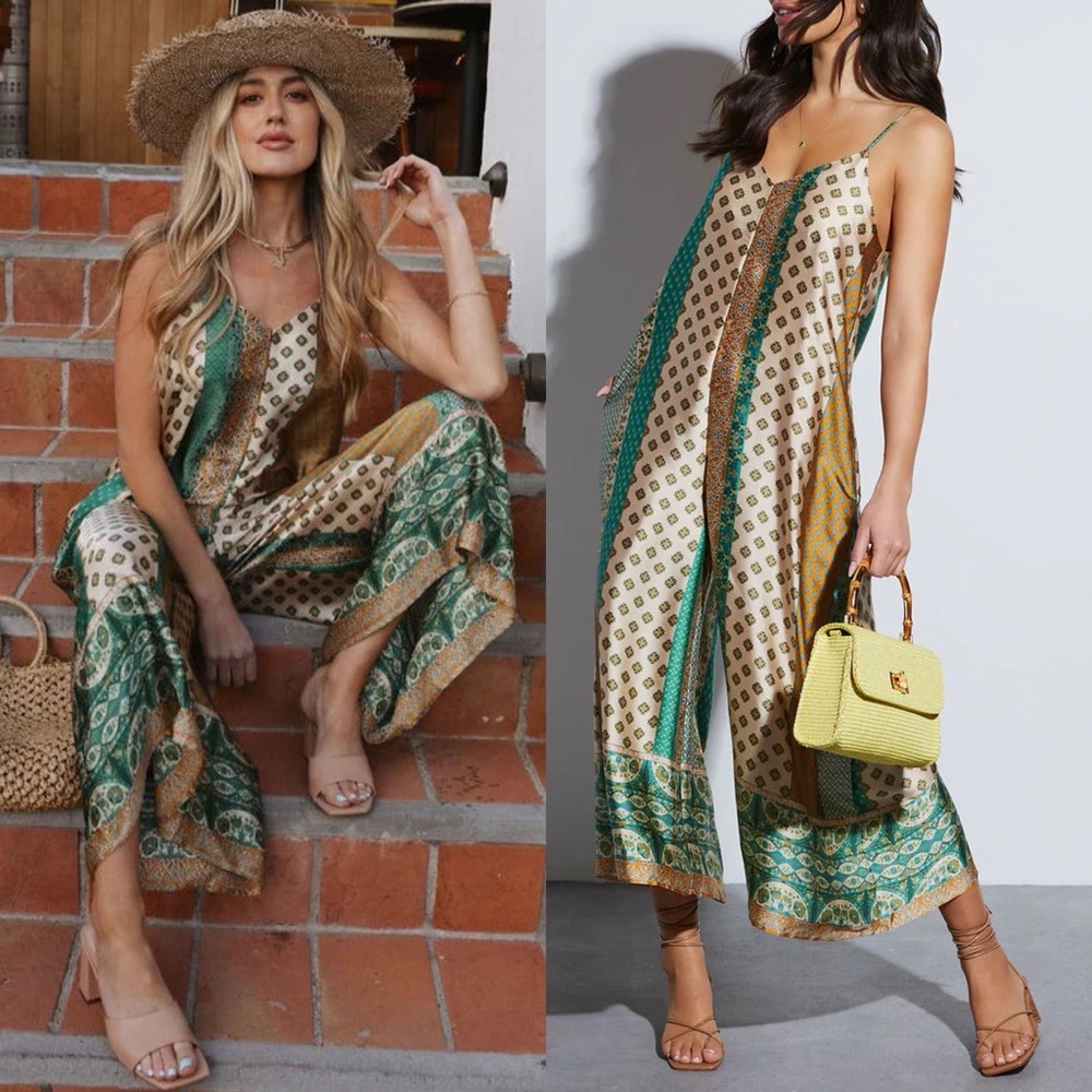 Vici Green and Cream Patterned Jumpsuit